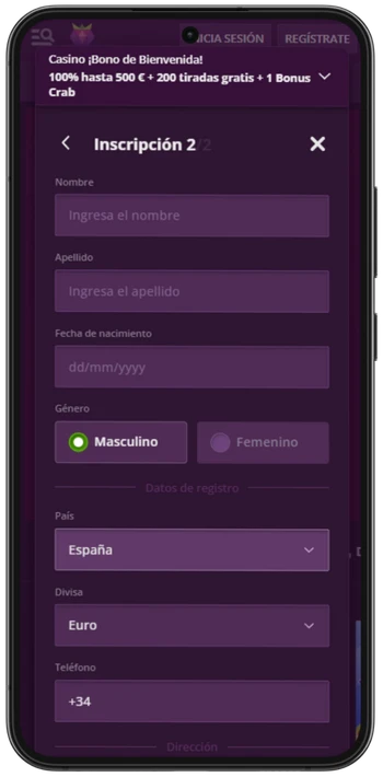 Segundo paso con datos personales Malina Casino